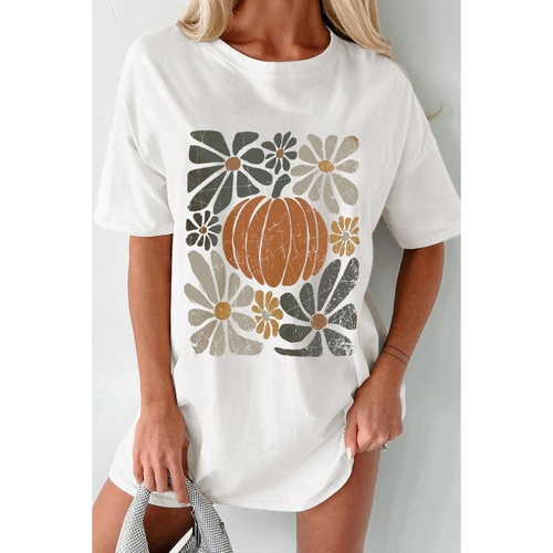 White Thanksgiving Pumpkin Print Loose Crewneck Tunic T Shirt - M - Main Image