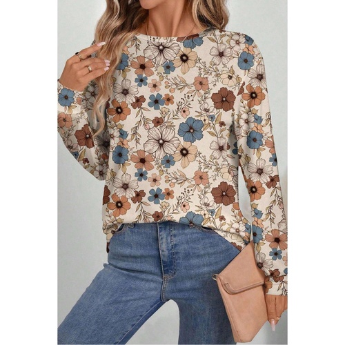 Khaki Floral Print Loose Crew Neck Long Sleeve T Shirt - L - Main Image