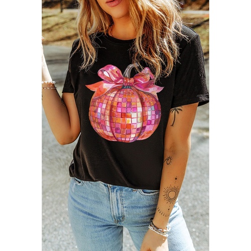 Black Bow Pumpkin Graphic Crewneck Thanksgiving T Shirt - XL - Main Image