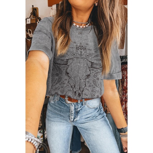 Light Grey Western Steer Head Tie Dye Print Crew Neck T Shirt - L - Main Image