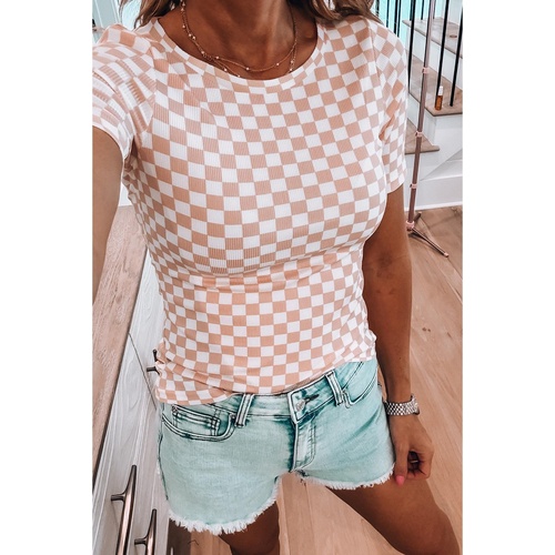 Pink Checkered Ribbed Slim Fit Crew Neck T Shirt - S - Main Image