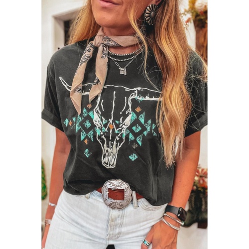 Carbon Grey Vintage Western Bull Head Skull Turquoise Aztec Graphic T Shirt - L - Main Image