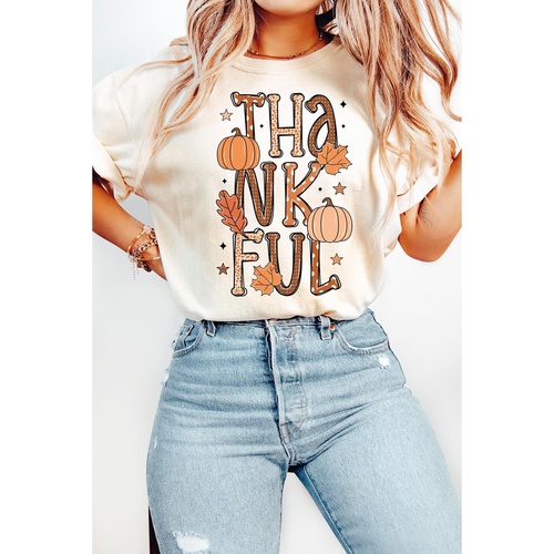 White THANKFUL Pumpkin Leaves Graphic Crewneck Thanksgiving T Shirt - XL - Main Image