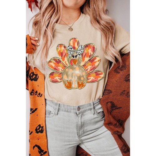 Khaki Thanksgiving Bowknot Turkey Graphic Crewneck Tee - 3XL - Main Image