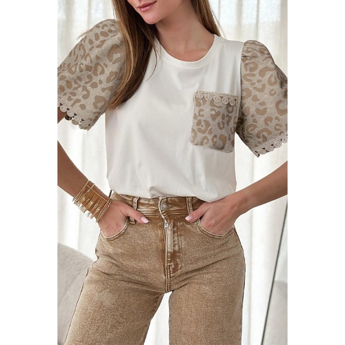 White Leopard Patchwork Crochet Lace Trim Puff Sleeve T Shirt - S - Main Image