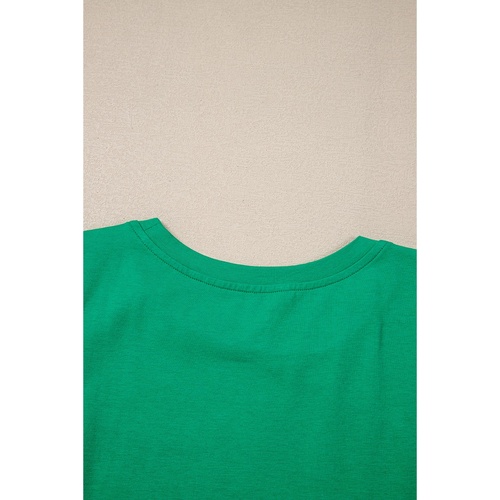 Dark Green Embroidered Ruffled Sleeve Slim Fit Crew Neck Top - L - Main Image