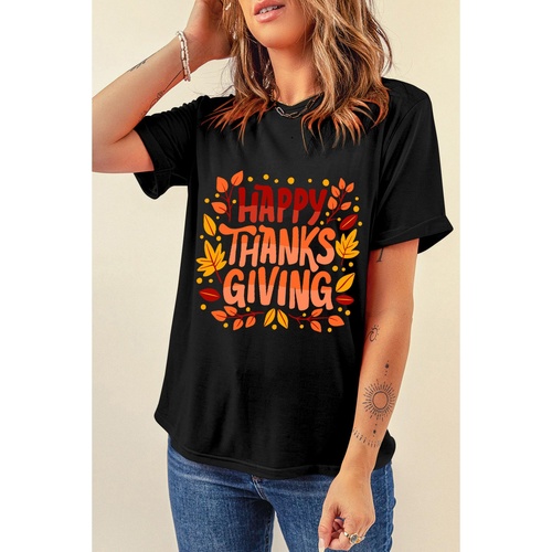 Black Happy Thanksgiving Leaves Print Crew Neck T Shirt - XL - Main Image