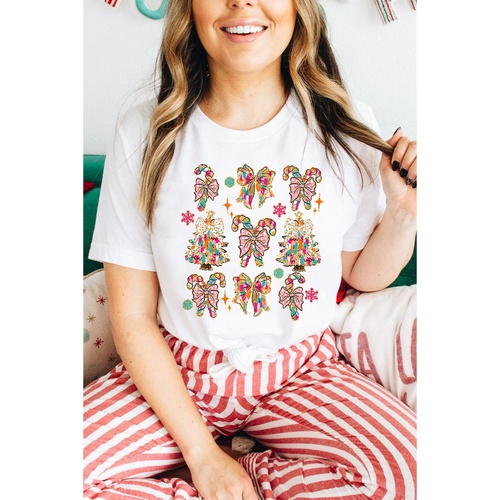 White Christmas Tree Bow Knot Print Round Neck T Shirt - 3XL - Main Image