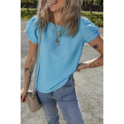 Light Blue Bubble Sleeve Solid Color Elegant T-Shirt - L - Main Image