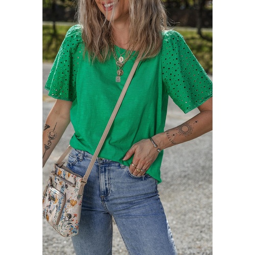 Bright Green Eyelet Embroidered Patchwork Shift Top - L - Main Image
