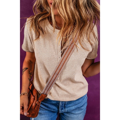 Oatmeal Short Sleeve Half Button Ribbed Knit Top - L - Main Image