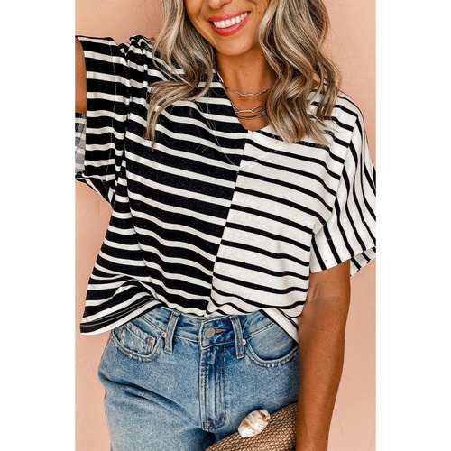 Black Stripe Two Tone Colorblock V Neck T Shirt - L - Main Image