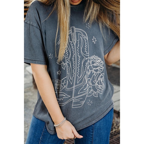 High-Rise Western Cowboy Boots Graphic Tee - L - Main Image