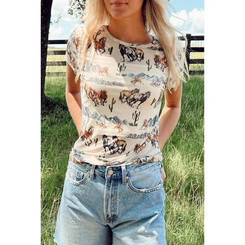 Beige Western Fashion Mustang River Printed Mesh T Shirt - L - Main Image