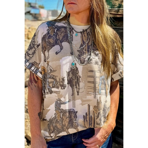 Khaki Western Cowboy Print Cuffed Sleeve Crewneck T Shirt - L - Main Image