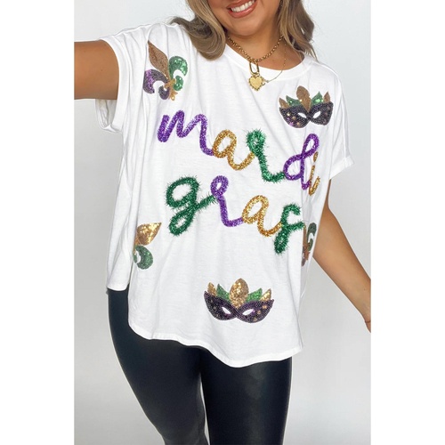 White Mardi Gras Tinsel Sequin Graphic T Shirt - L - Main Image