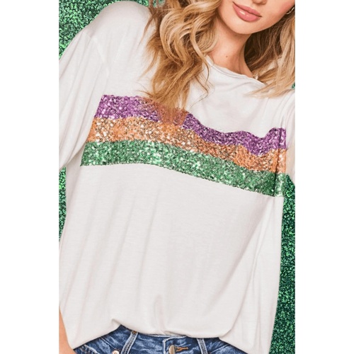 White Sequin Stripes Patchwork Mardi Gras Crew Neck T Shirt - M - Main Image
