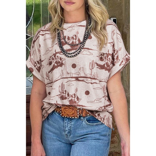 Brown Desert Sand Print Short Sleeve Knit Top - L - Main Image