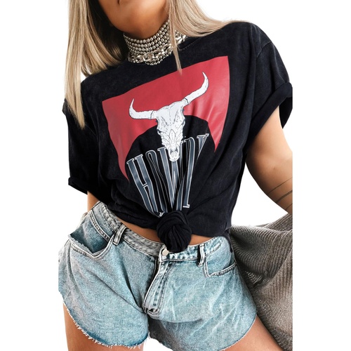Black Western HOWDY Steer Head Print Side Slits Loose Fit T Shirt - L - Main Image