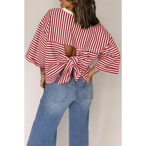 Red Stripe Bowknot Cutout Back Drop Shoulder Wide Bracelet Sleeve Loose Tee - XL - Main Image