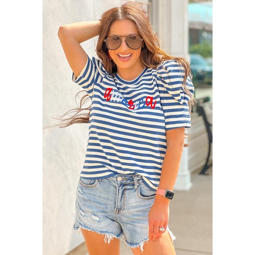 Blue Stripe America Cursive Graphic Puff Sleeve T-shirt - XL - Main Image