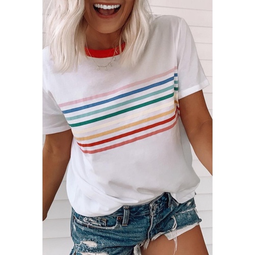 White Rainbow Stripe Print Contrast Crewneck T Shirt - S - Main Image