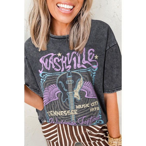 Black Vintage Nashville Tennessee Graphic Mineral Washed Plus Size Tee - L - Main Image