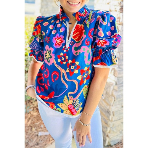 Blue Abstract Print Frilled Collar Ruffled Puff Short Sleeve Top - L - Main Image