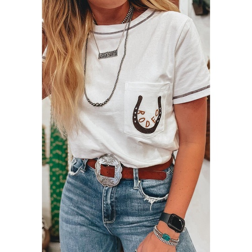White RODEO Horseshoe Embroidered Patch Pocket T Shirt - L - Main Image