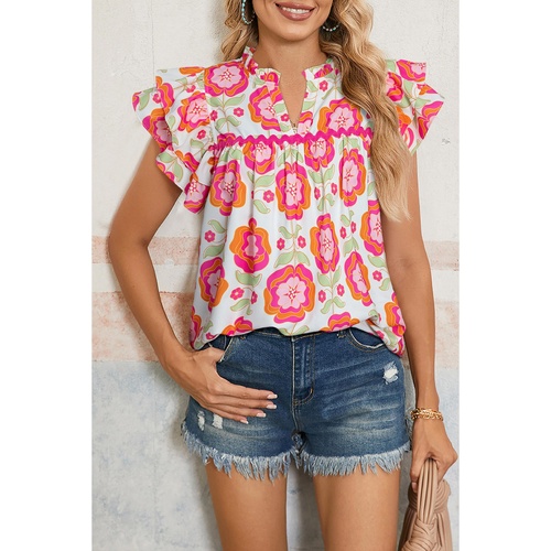Rose Floral Ruffled Sleeve Ric-rac Trim Split Neck Loose Blouse - L - Main Image