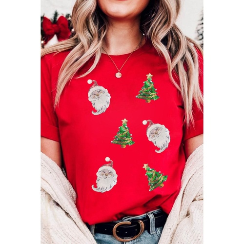 Red Santa Clause Christmas Tree Print Tee - M - Main Image