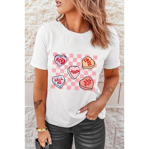 White Checkered Valentines Heart Printed Crewneck T Shirt - XL - Main Image
