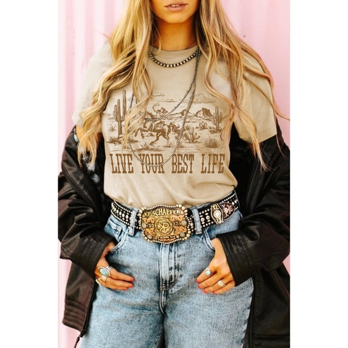 Beige LIVE YOUR BEST LIFE Crew Neck Western Graphic Tee - L - Main Image