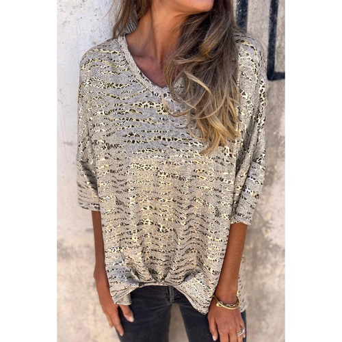 Gray Leopard Print Half Sleeve V Neck Loose Fit T Shirt - L - Main Image