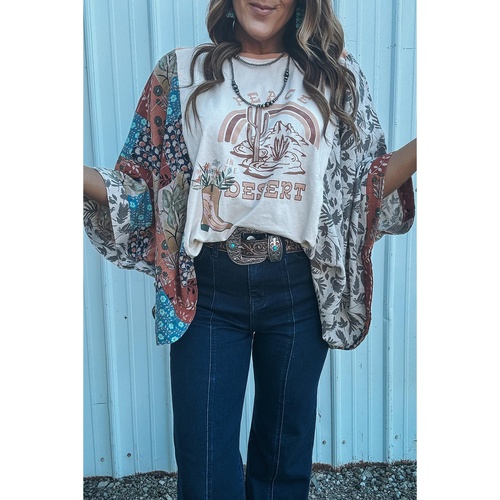 Multicolour Asymmetric Printed Patchwork Sleeve Peace Desert Graphic Top - XL - Main Image