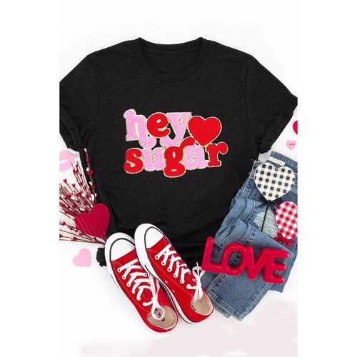 Black Chenille Heart hey sugar Patched Crewneck Valentines Tee - S - Main Image