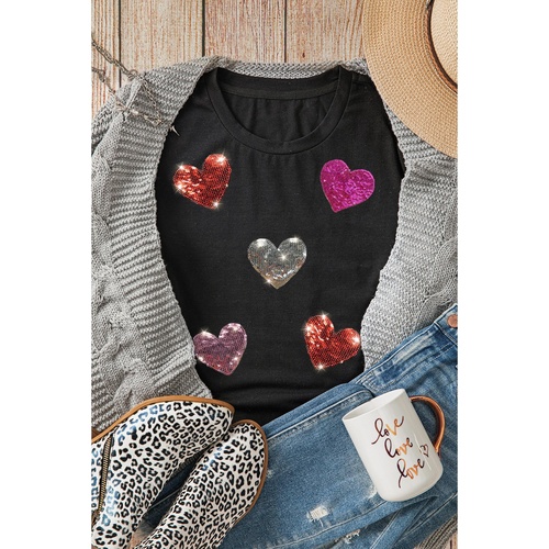 Black Sequin Heart Patched Pattern Crewneck Valentines Tee - XL - Main Image