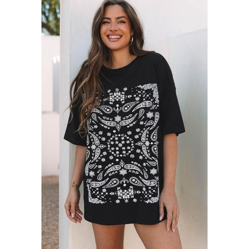 Black Paisley Print Crew Neck Loose Fit Tunic Tee - M - Main Image