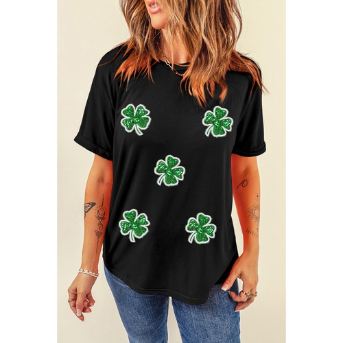 Black Four Leaf Clover Graphic St. Patricks Crewneck Tee - L - Main Image