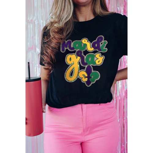 Black Chenille Mardi Gras Letter Graphic Tee - L - Main Image