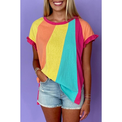 Rose Red Color Block Ruffled Crew Neck Loose Fit T Shirt - L - Main Image