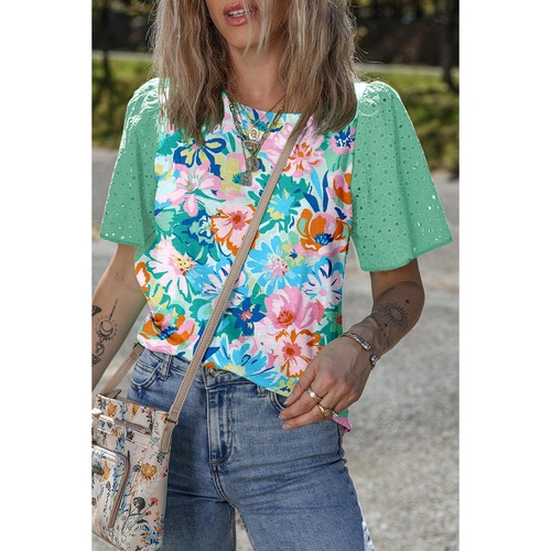 Green Floral Print Eyelet Embroidered Short Sleeve Crew Neck Top - M - Main Image