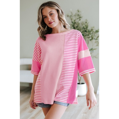 Pink Stripe Color Block Patchwork Loose Half Sleeve T Shirt - L - Main Image