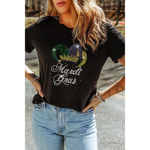 Black Rhinestone Mardi Gras Clown Hat Graphic Crewneck Tee - S - Main Image