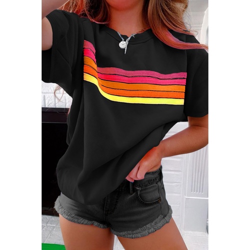 Black Striped Patch Front Casual Tee - L - Main Image