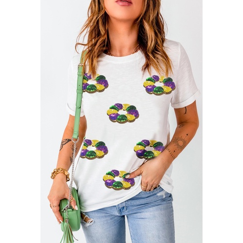 White Sequined Mardi Gras Pattern Crew Neck Short Sleeve Top - 2XL - Main Image