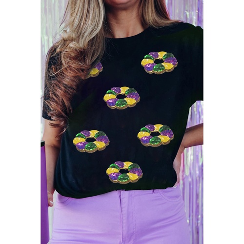Black Sequined Mardi Gras Pattern Crew Neck Short Sleeve Top - 3XL - Main Image