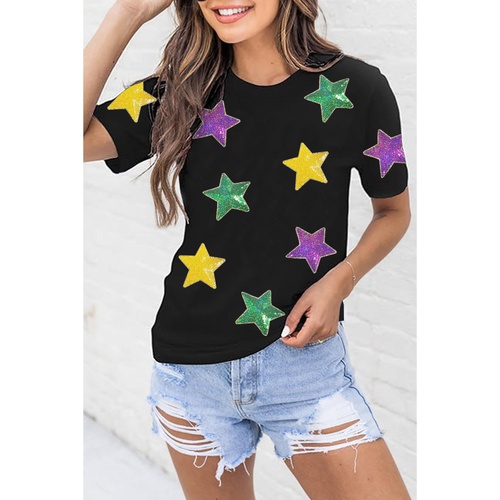 Black Colorful Sequin Stars Patched Relaxed T Shirt - M - Main Image