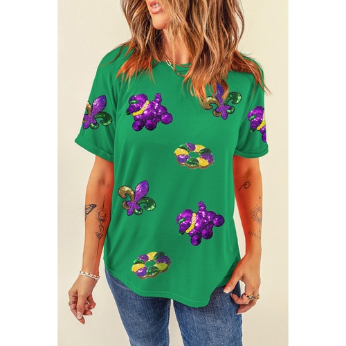 Bright Green Mardi Gras Sequin Patched Graphic Tee - 3XL - Main Image