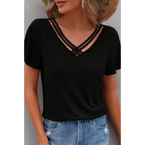 Black Crisscross V Neck Butterfly Sleeve T Shirt - S - Main Image